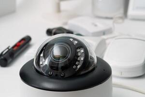 close-up surveillance camera with infrared LEDs. surveillance system and security of the house and the street. photo
