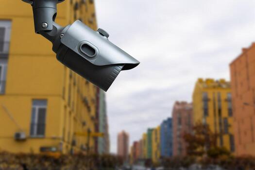 Modern public CCTV camera with blur building background. Recording cameras for monitoring all day and night. Concept of surveillance and monitoring with copy space. photo