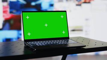 Laptop shows green screen mockup next to modern web design social network platforms, visual representation of trends and mobile interaction. Empty space for user experience. Camera A. video