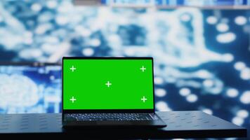 PC showcasing chroma key display next to AI neural networks system, machine learning for practicing predictive analytics and cloud computing. Implementing artificial intelligence brain. Camera A. video