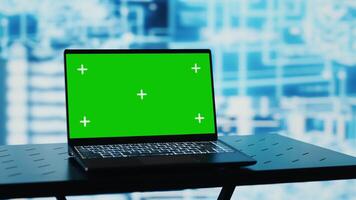 Space with a laptop that has chroma key screen next to AI neural networks system, deep learning models used to practice predictive analytics and cloud computing. Artificial intelligence. Camera A. video