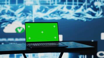 Surrounded by high tech data and AI brain systems, pc running green screen on a display. Futuristic automation platforms and cloud computing ensures modern strategy for innovation. Camera A. video