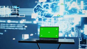 Surrounded by high tech data and AI brain systems, pc running green screen on a display. Futuristic automation platforms and cloud computing ensures modern strategy for innovation. Camera B. video
