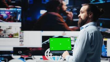 Social media manager uses pc with isolated display for online presence, web network connection for e commerce activity and social media engagement. Modern user interface design. Camera B. video