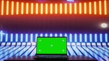 Trendy urban environment filled with neon lights and a chroma key screen, reflecting cyberpunk aesthetics for a digital concept rich in technology, neon glow and artistic street visuals. Camera B. video