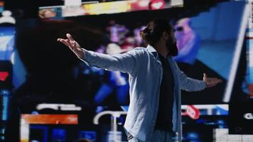 Content creator delivering a live presentation engaging an online audience for social media, digital interaction and creative branding in real time. Trend setter for innovation. Camera A. video