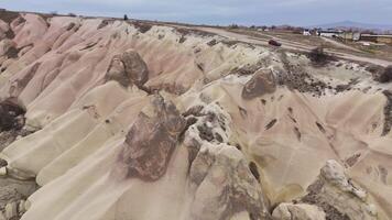 Aerial view of Cappadocia's unique eroded rock formations video