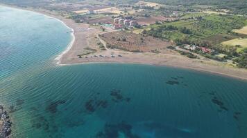 Coastal descent near island in Datca captured by drone video