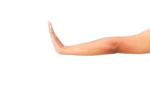 Outstretched arm with hand as a sign of stop or blocking, isolated on a white background photo