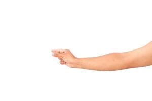Human hand holding something imaginary isolated on white, ready to add object photo