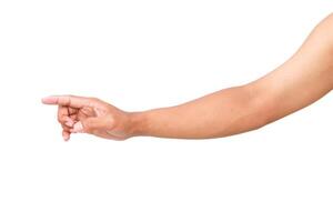 Isolated arm gesturing with a pointed finger on a white background indicating direction photo