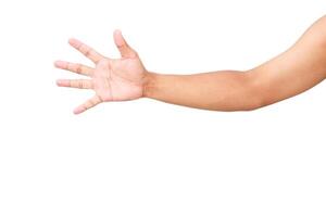 Isolated hand reaching out, showcasing skin texture, fingers and arm on white background photo