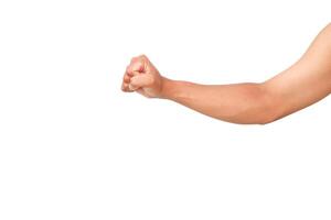 Human arm with clenched fist expressing aggression or strength on white backdrop photo