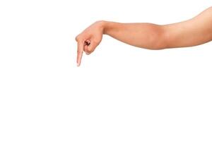 Hand gesture indicating downwards direction with clear white background space photo
