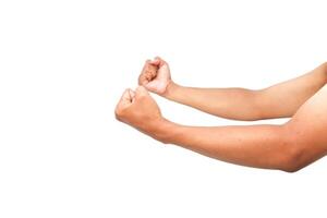 Isolated clenched fists, embodying strength, determination, and unwavering resolve on pure white background photo