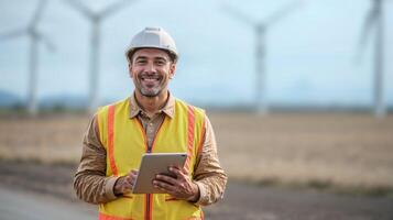 Smiling male engineer with tablet in front of wind turbines, sustainable energy professional, clean technology concept, environmental innovation photo