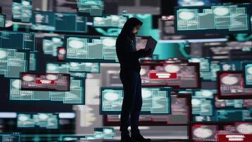 conceptual representação do cyber crime com masculino hacker explorando sistema vulnerabilidade, usando programação técnica e vigilância para sobrepor digital defesas e vazamento Informação. Câmera b. video