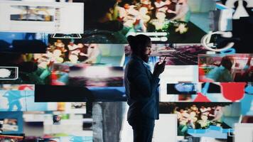 Smartphone user addicted by social media content consumption and obsessive doomscrolling that can trigger anxiety and harmful self esteem issues in the digital world. Overuse isolation. Camera B. video