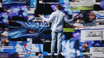 Content creator delivering a live presentation engaging an online audience for social media, digital interaction and creative branding in real time. Trend setter for innovation. Camera B. video