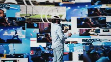 High tech person uses virtual reality headset for a 3d web design, showcasing artificial intelligence for social media connection. Influencer working on storytelling for digital world. Camera B. video