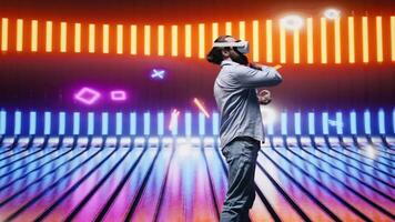 Artsy young guy immersed in virtual reality under neon lights and cyberpunk glow, blending street style with modern fashion and technology in a cool setting full of aesthetic visuals. Camera B. video