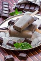 Chocolate ice cream on a stick on a silver platter with ice and pieces of chocolate mint leaves near pieces of chocolate on a chocolate background. Chocolate ice cream popsicles. Vertical. photo