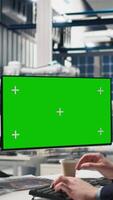 Vertical Professional expert looks at isolated screen examines high tech solar energy production, reviewing insights for clean power improvements and smart infrastructure planning. Camera A. video