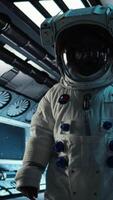 Vertical Astronaut walking in orbital station travelling to Mars, mapping unknown worlds. Cosmonaut in spaceship preparing to explore planetary surface, advancing scientific knowledge, camera A video