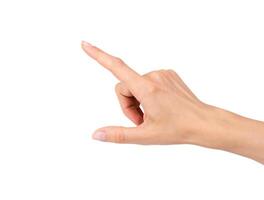 Woman's hand isolated on a white background. A fmale hand points to something with her index finger. photo