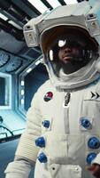 Vertical Astronaut wearing helmet inside space station preparing for mission outside, on hostile planetary habitat. Man in starship beginning landing procedures on extraterrestrial planet, camera A video