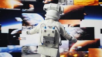 Space man on a deep space mission surrounded by stars and the vast galaxy, showcasing science and exploration. Astronaut with helmet travelling in the universe within, human curiosity. Camera B. video