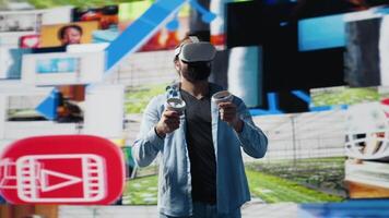 Modern cool man uses virtual reality glasses for a 3d web connection, vr simulation showcasing innovation for social media engagement. Working on visual storytelling on the feed. Camera A. video