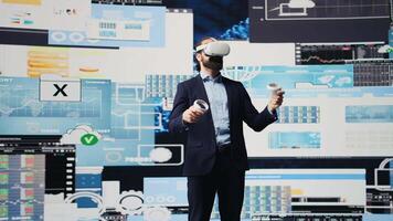 Modern businessman employs virtual reality headset in a digital environment focused on performance metrics, strategic planning through technology and analytics. Firm forecasting. Camera B. video