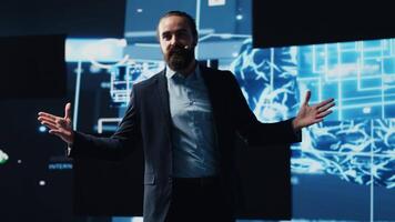 Technician specialist making AI brain neural networks business pitch at a tech convention, hosting a live conference to discuss about deep learning benefits. Business technology growth. Camera A. video