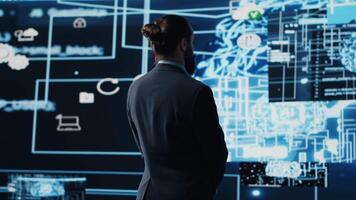 Professional leader looking around at AI neural networks system, employing digital brain visualization for machine learning and programming. Smart technology and algorithmic thinking. Camera A. video