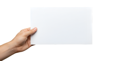 mão segurando uma em branco branco retangular papel Folha angular Visão png