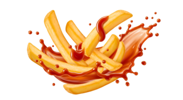 dourado francês fritas banhado dentro uma dinâmico ketchup respingo criando uma culinária sinfonia png