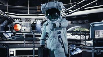 ritratto di sorridente astronauta dentro alto Tech navicella spaziale, Tenere attrezzatura Astuccio durante routine missione dai un'occhiata. contento nave stellare equipaggio membro in piedi vicino tenere sotto controllo mostrando Marte dati video