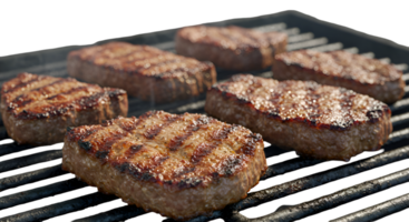 Grilled Square Burger Patties with Distinct Grill Marks on a Black Grill png
