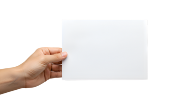 Hand holding a pristine white rectangular card displaying a blank surface png