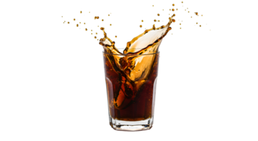Refreshing cola splash in a faceted glass droplets suspended midair png