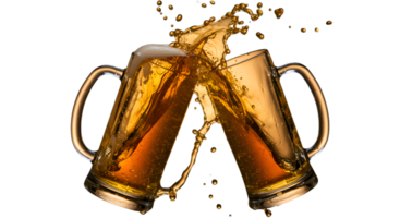 Two beer mugs clinking with splashing liquid and foam creating a dynamic celebration png