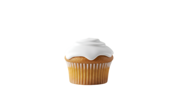 baunilha Bolinho com suave branco geada dentro uma canelado papel copo png