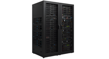 Two black server racks filled with computer hardware and blinking lights png