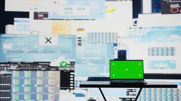 In a business finance space, pc screen showing isolated chroma key to help the strategy planning with financial trends. Representing high tech artificial intelligence and productivity. Camera B. video