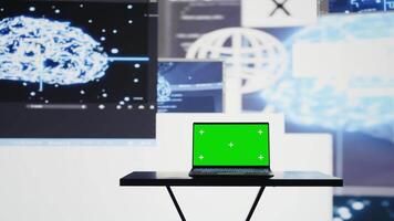 Surrounded by digital data and AI brain systems, laptop showcases isolated mockup on a screen. Automation platforms and cloud computing ensures modern strategy and innovation. Camera B. video