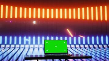 Empty glowing neon lit space with vivid colors and green screen display creates futuristic atmosphere for digital mockup, chroma key edits and artistic visual design in urban style. Camera B. video