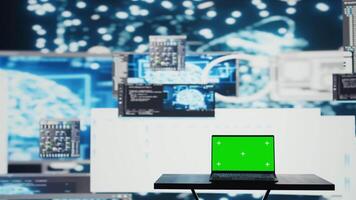 Laptop running isolated mockup screen next to AI neural networks system, used for practicing deep learning and cloud computing. Tech implementing artificial intelligence brain. Camera B. video