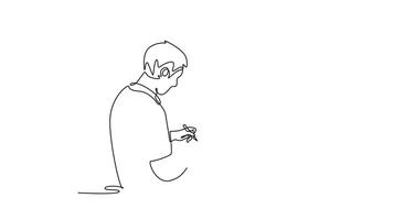 Employee signing document in factory held by businessman. Affection in office concept. Single line draw design. Full length animation illustration. High quality 4k footage video