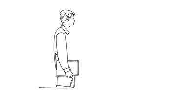 sharing startup ideas and discussing new innovation. Affection in office concept. Single line draw design. Full length animation illustration. High quality 4k footage video